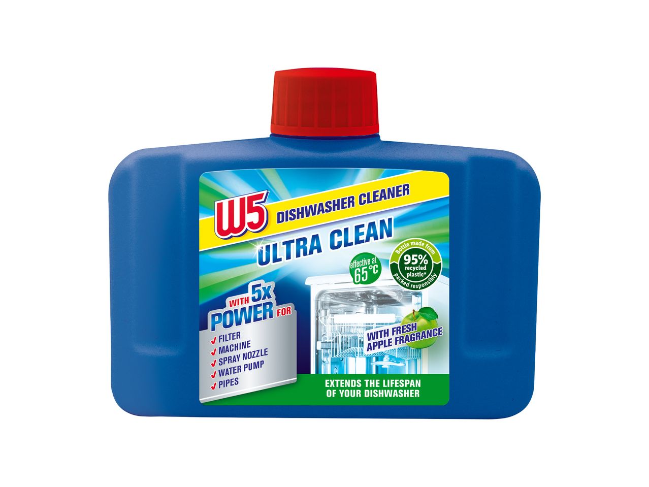Καθαριστικό πλυντηρίου πιάτων W5 Ultra Clean με άρωμα μήλου και 5 φορές δύναμη καθαρισμού.