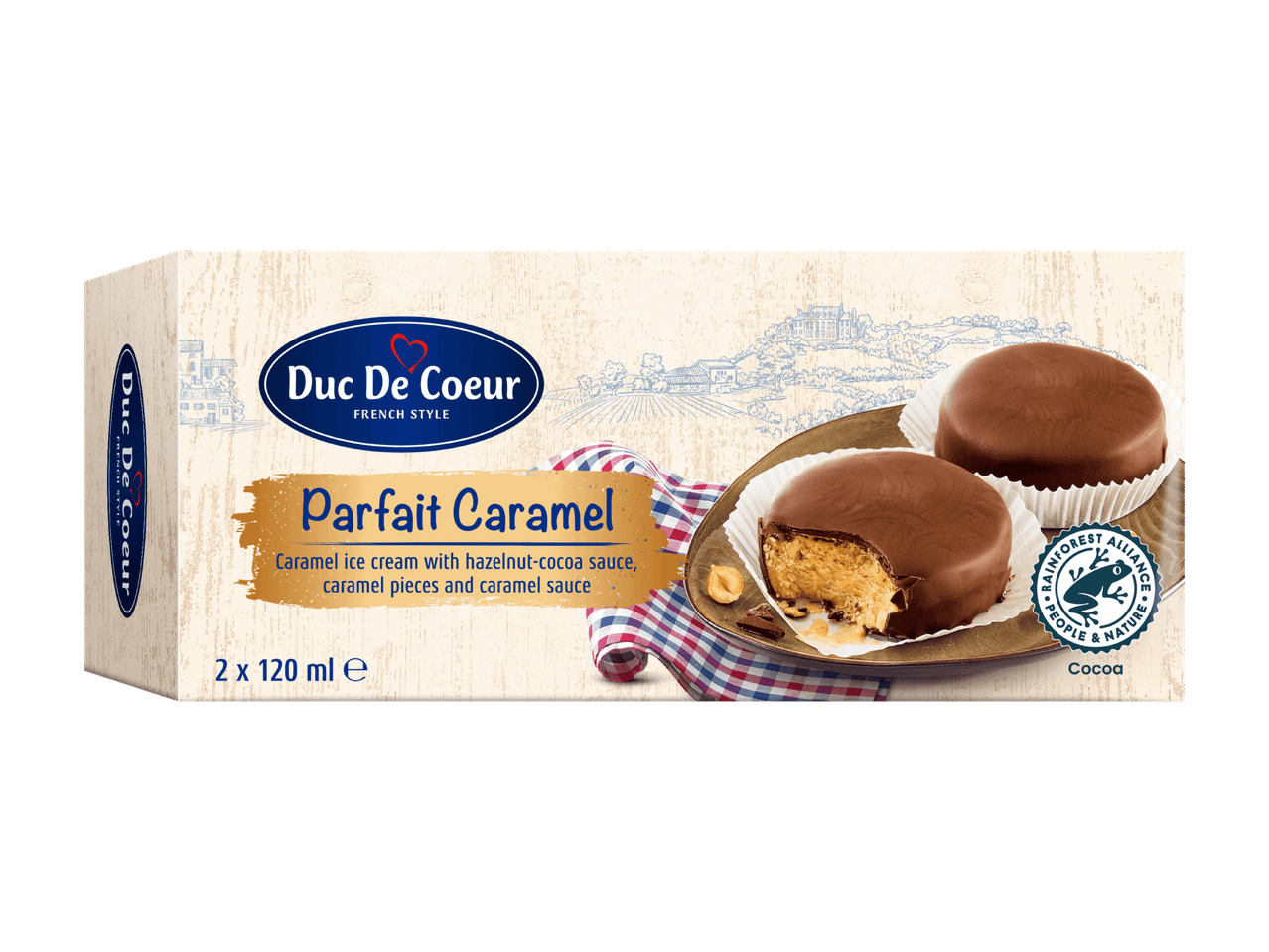 Paquet de crème glacée Duc De Coeur Parfait Caramel avec deux glaces au caramel.