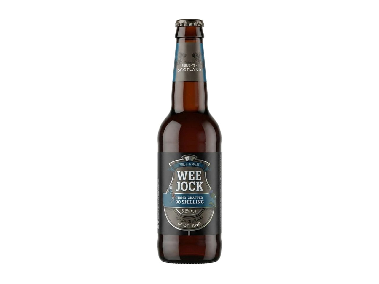 Brown beer bottle with a black and blue label featuring text 'Wee Jock' and '5.2% ABV'.