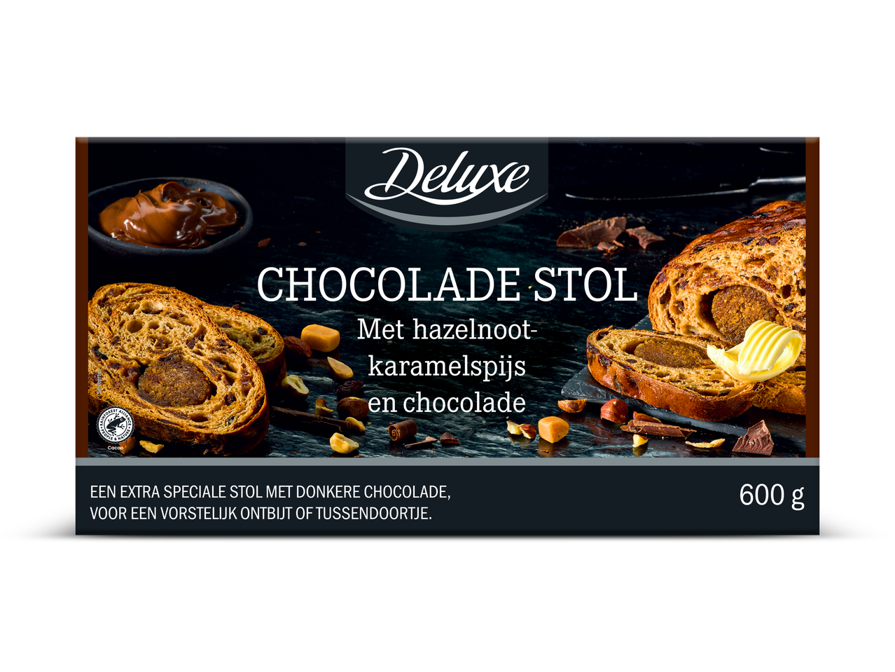 Deluxe Chocolade Stollen met hazelnoot-karamelspijs en chocolade, 600g.