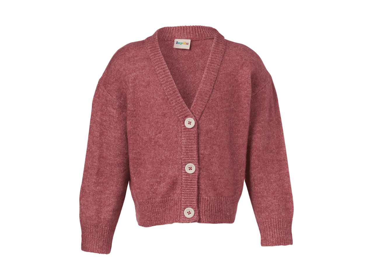 Rødmeleret cardigan med V-hals og hvide knapper.