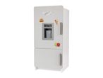 White toy refrigerator with a water dispenser, displaying food magnets like a burger, ice cream, and apples.