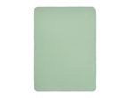 Light green fleece blanket with rounded corners and stitched edges.