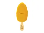 Yellow fruit ice cream bar on a stick with a bite taken out.