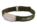 A khaki green headlamp with a beige light unit and a power button, featuring a white logo on the strap.