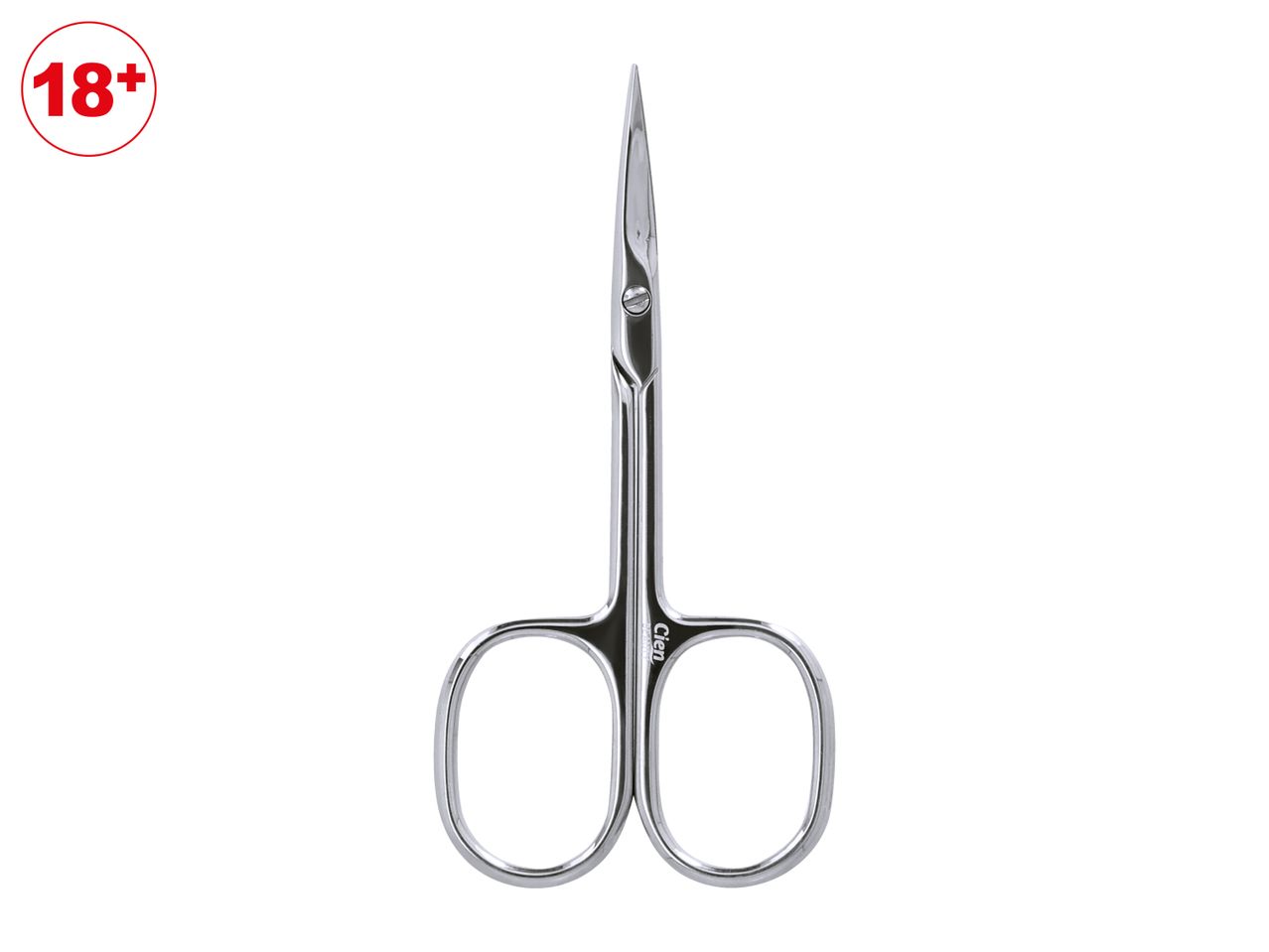 Small, shiny silver nail scissors with an 18+ age restriction symbol in the top left corner.