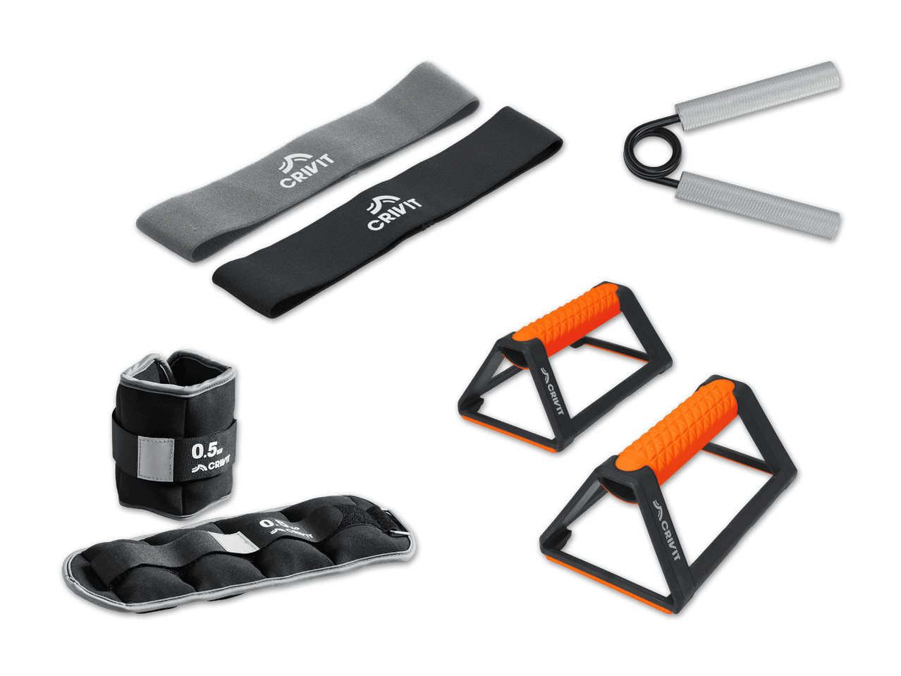 Crivit Fitness-Set mit Widerstandsbändern, Handtrainer, Liegestützgriffen und Gewichtsmanschetten.