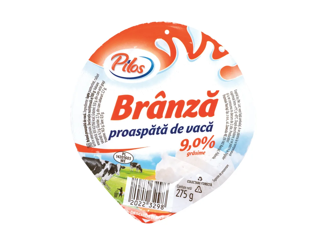 Brânză proaspătă de vacă Pilos, 9% grăsime.