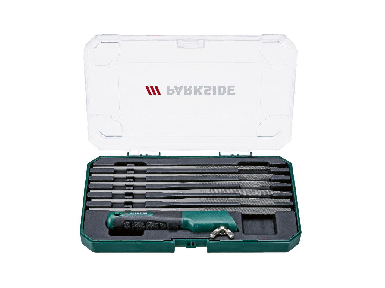 Fémreszelő készlet zöld műanyag tokban, átlátszó fedéllel.