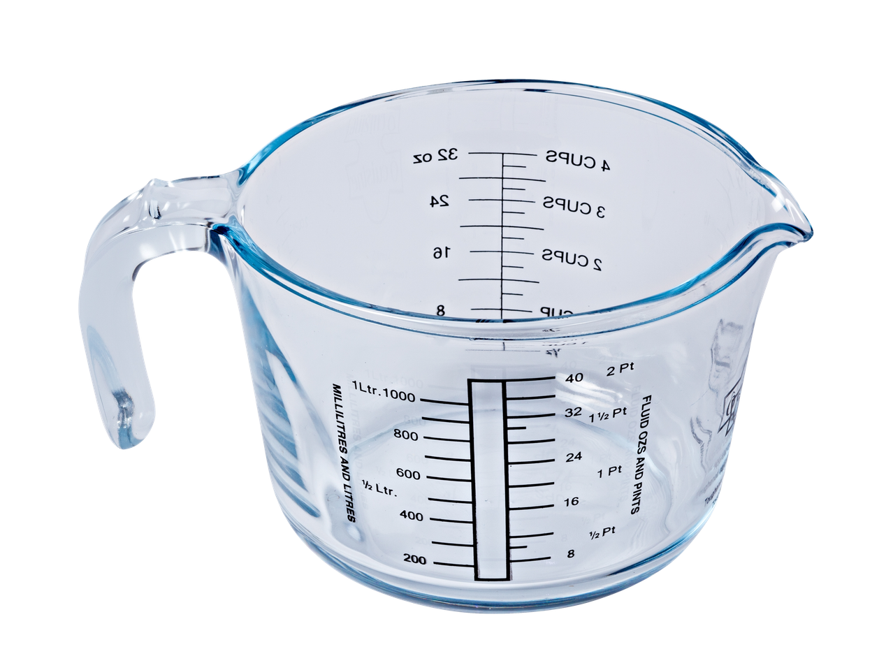 Pyrex® Daily caurspīdīga stikla mērtrauks ar mililitru, litru, šķidruma unču un pintes atzīmēm.