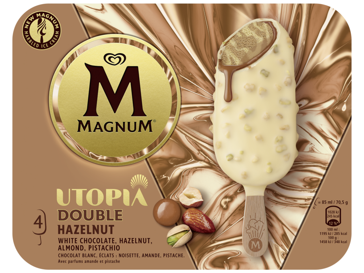 Glace à la noisette enrobée de chocolat blanc, amandes et pistaches.