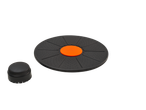 Prancha de equilíbrio Crivit preta com centro laranja e base destacável.