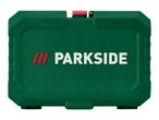 Green tool case with a textured surface and red accents, featuring a prominent logo.