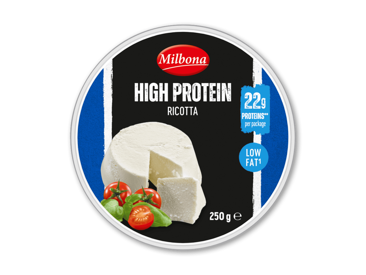 Højprotein ricotta med 22g protein, lavt fedtindhold, tomater og basilikum.