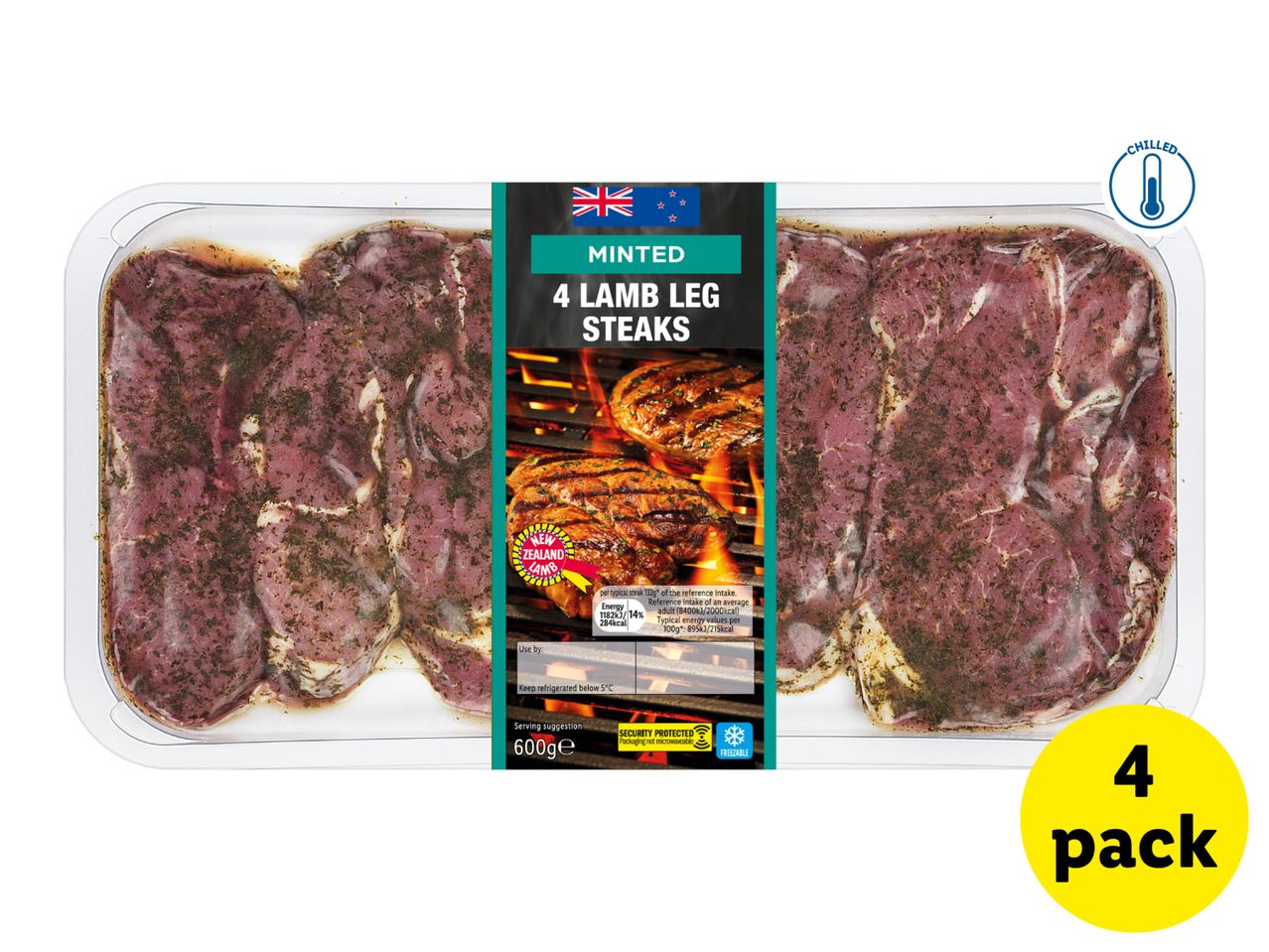 Minted lamb leg steaks, 4-pack, 600g, chilled and freezable.