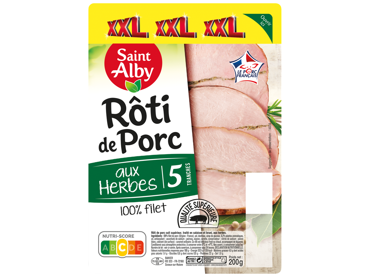 Rôti de porc aux herbes, 5 tranches, 100% filet, avec Nutri-Score A et poids net 200g.