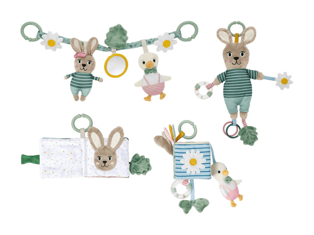 Ensemble de jouets pour bébé avec lapins, canard, anneaux de dentition et livres aux couleurs pastel.