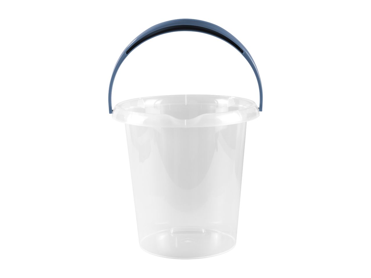 Clear plastic bucket with a blue handle