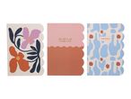 Three notebooks with scalloped edges: one with floral art, one with 'BELIEVE IN YOURSELF', and one with 'NOTES'.