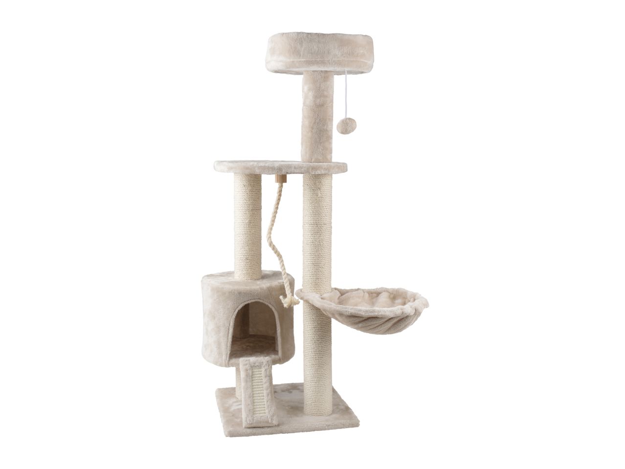 Beige multi-level cat tree with scratching posts, a cat cave, and a hanging toy.