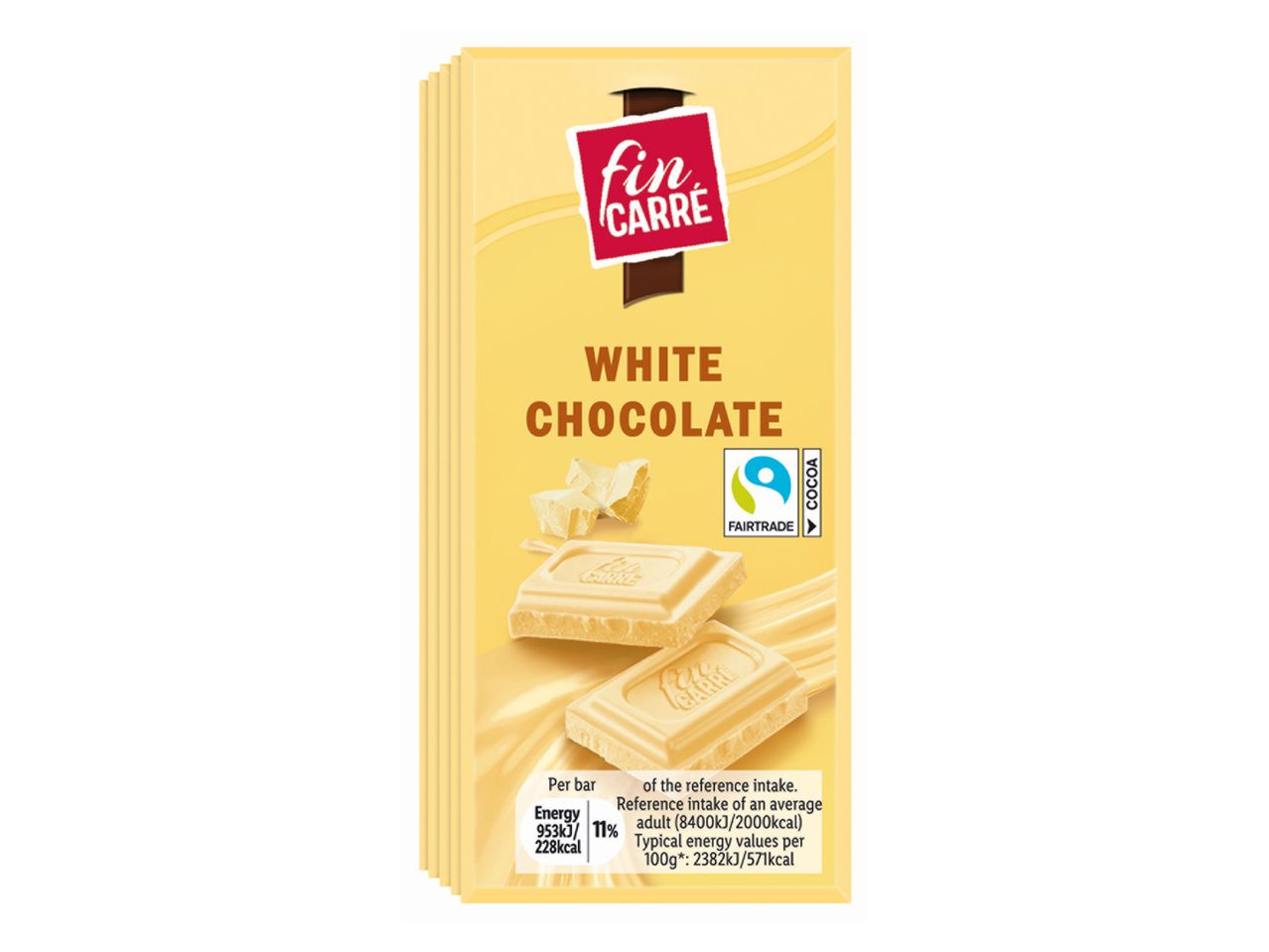 Fin Carré White Chocolate bar with Fairtrade cocoa, showing nutritional information.