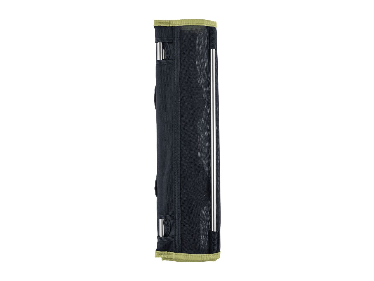Black mesh storage bag with green trim, holding silver rods.