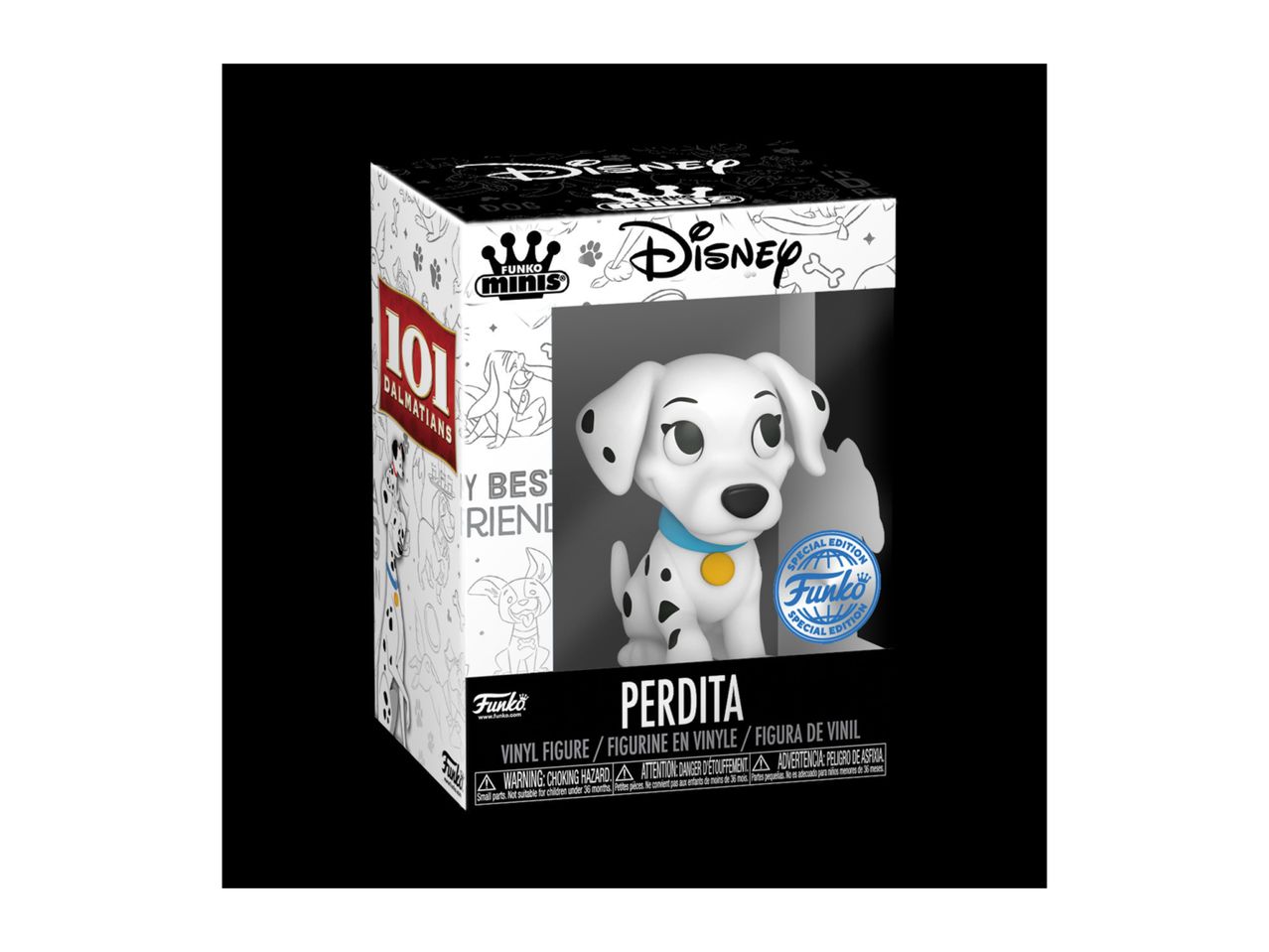 A collectible figure of a white dog with black spots in a box, labeled '101 Dalmatians'.