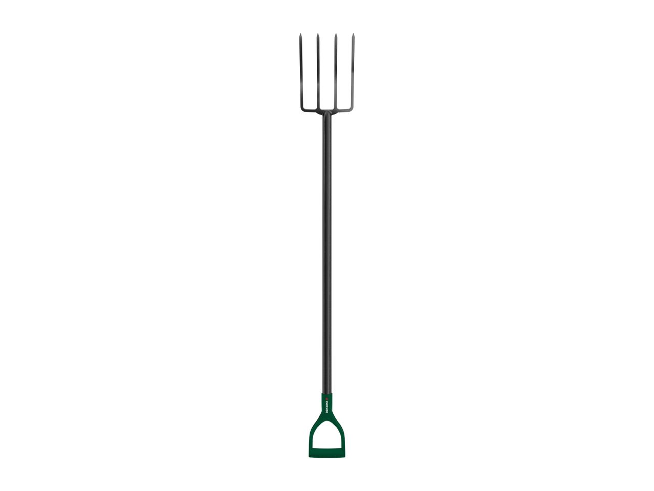 A garden fork with a black handle and a green D-grip, standing upright.