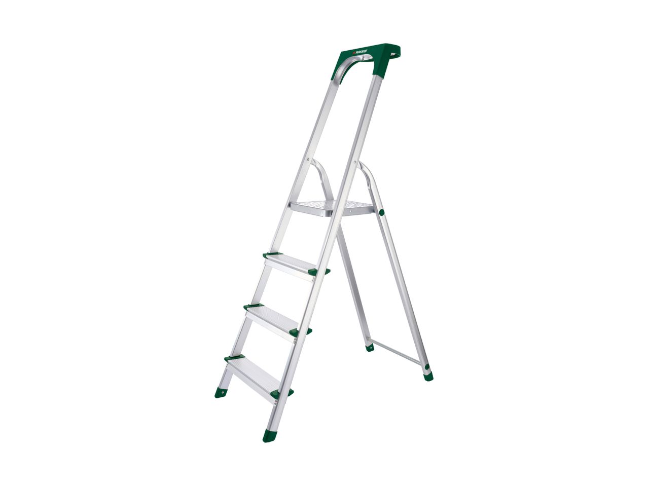 A Parkside aluminum stepladder with green accents is shown against a white background.