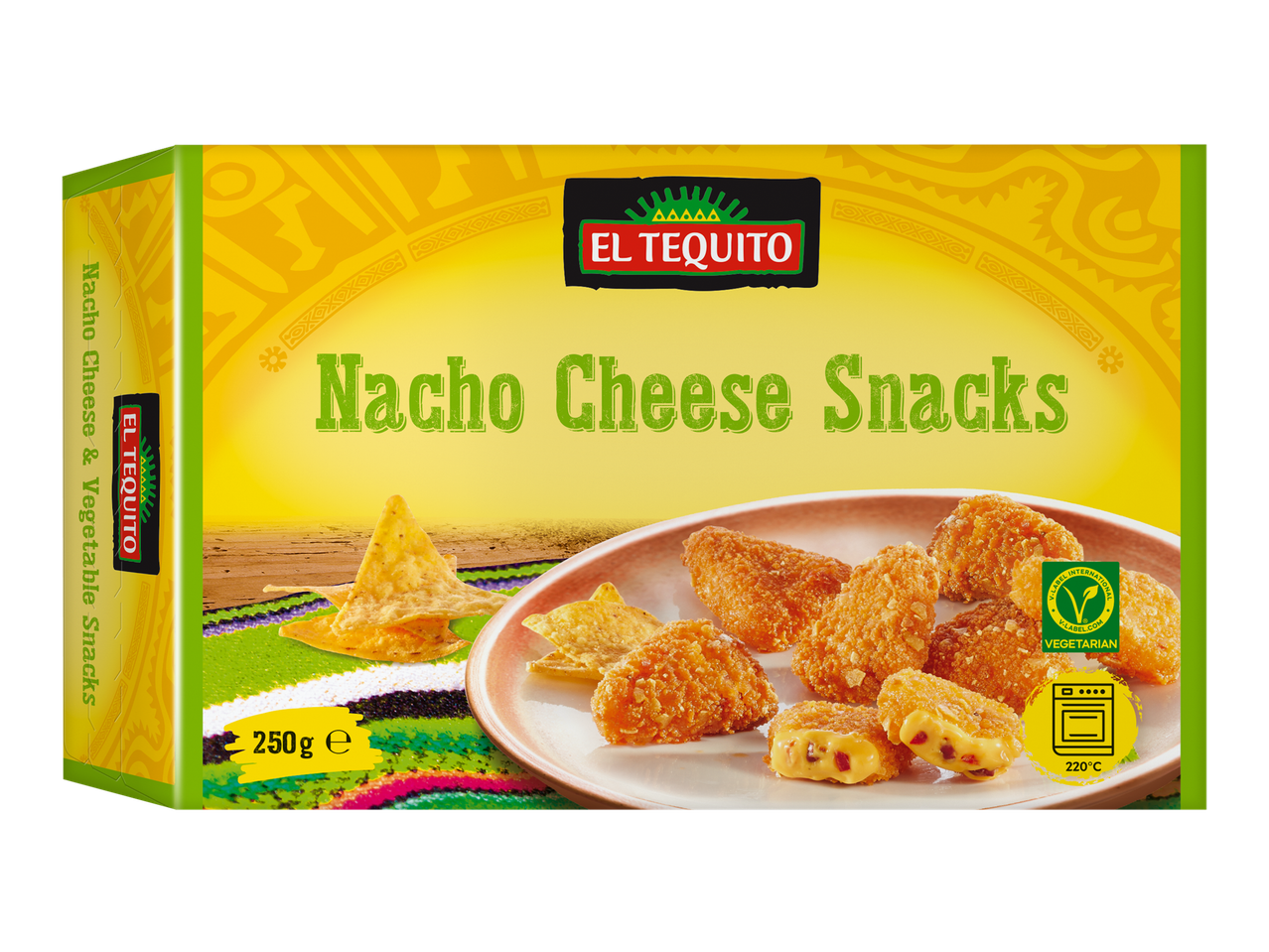 Boîte de snacks au fromage nacho et aux légumes, avec des snacks frits et des chips tortilla.