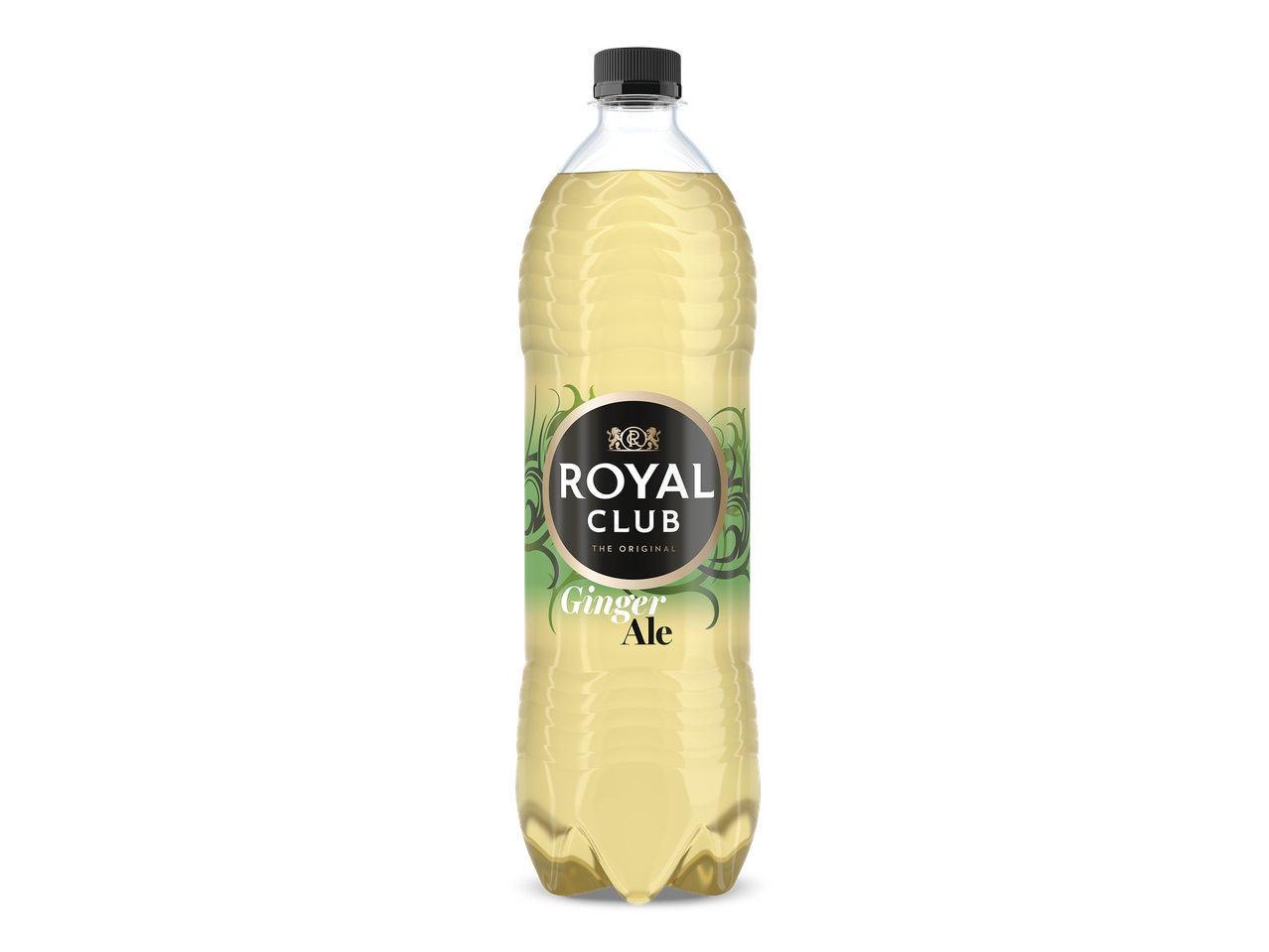 Een plastic fles gemberbier met een zwart etiket tegen een zwarte achtergrond.
