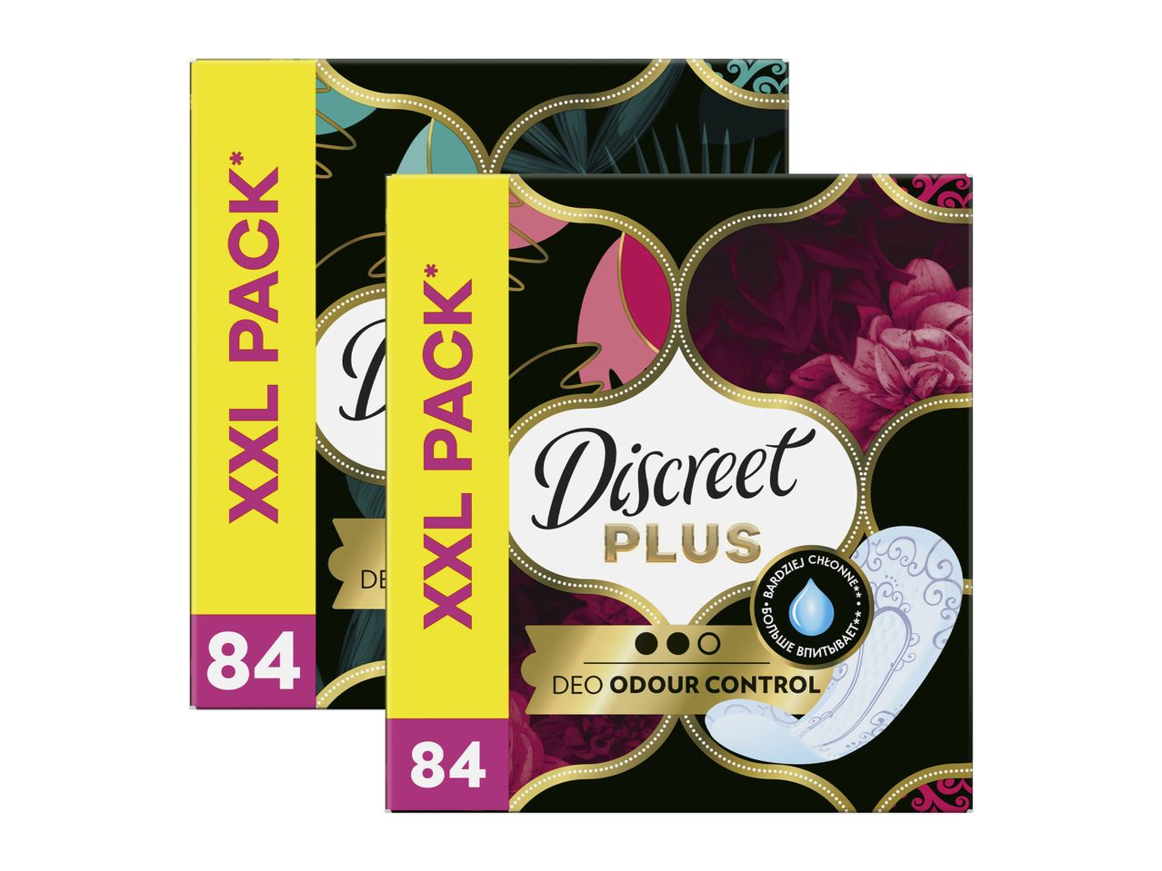Două pachete de absorbante Discreet Plus XXL Pack cu 84 de bucăți, cu control al mirosului.