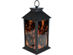 A black Halloween lantern with orange panels and pumpkin cutouts.