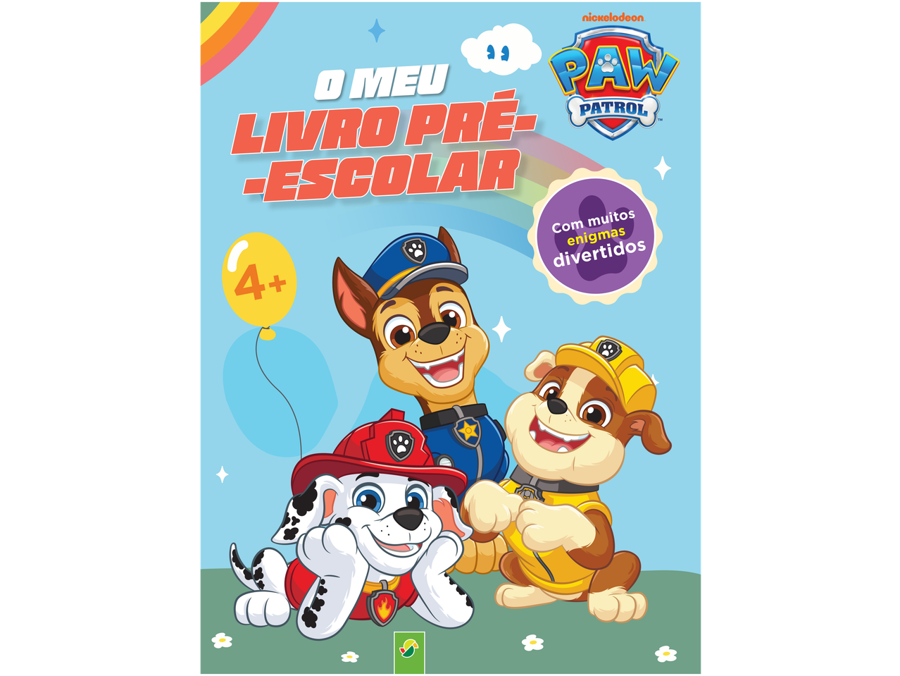 Livro pré-escolar da Patrulha Pata com Chase, Marshall e Rubble, com enigmas e atividades.