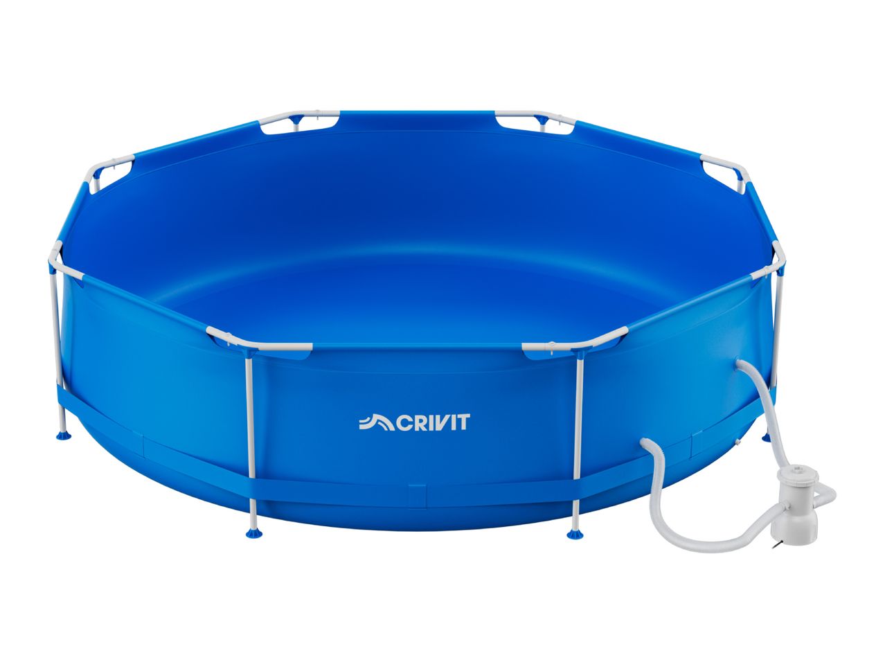 Blue above-ground swimming pool with a white frame and filter pump.