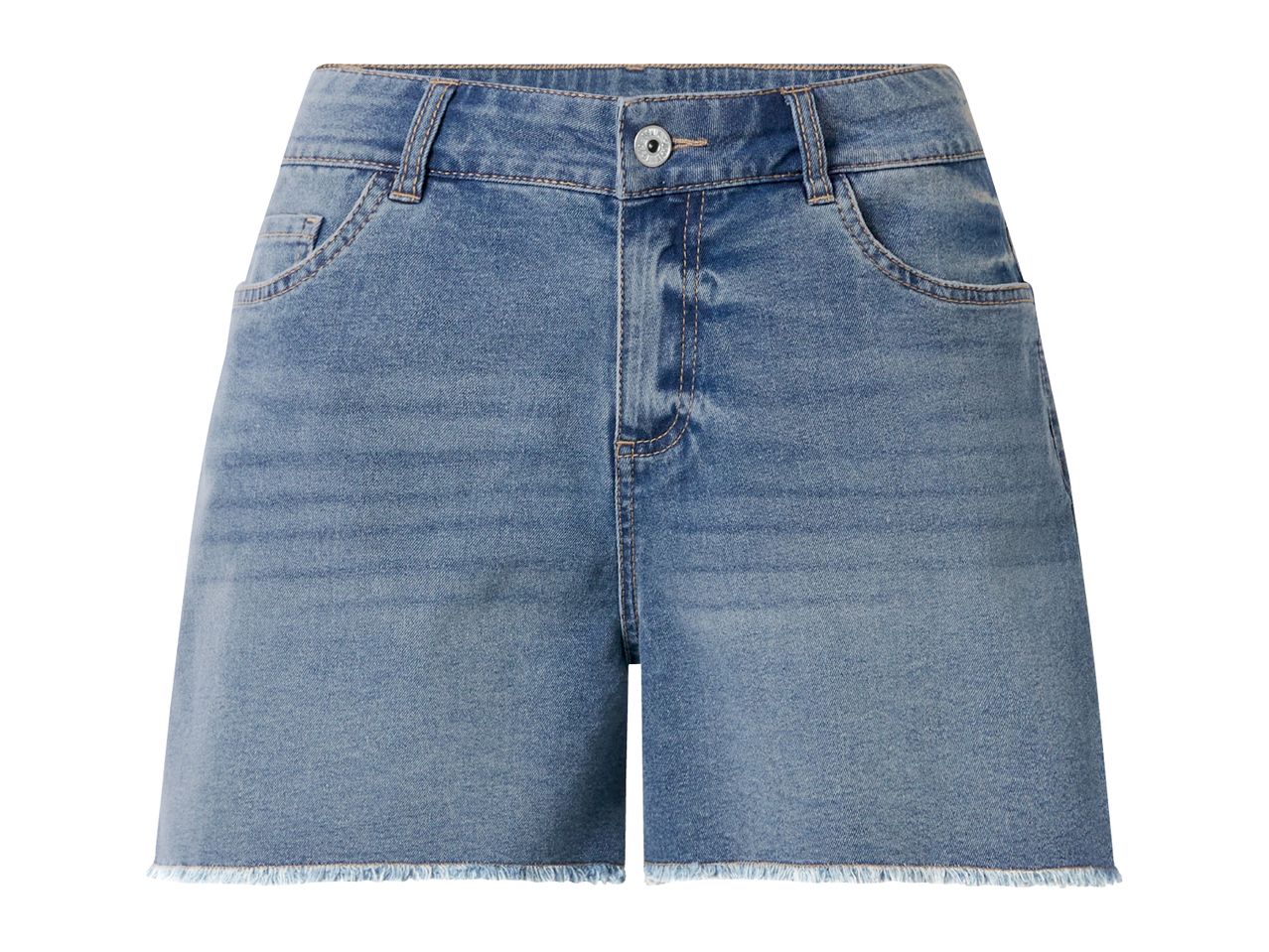 Light blue denim shorts with frayed hem and front button closure.