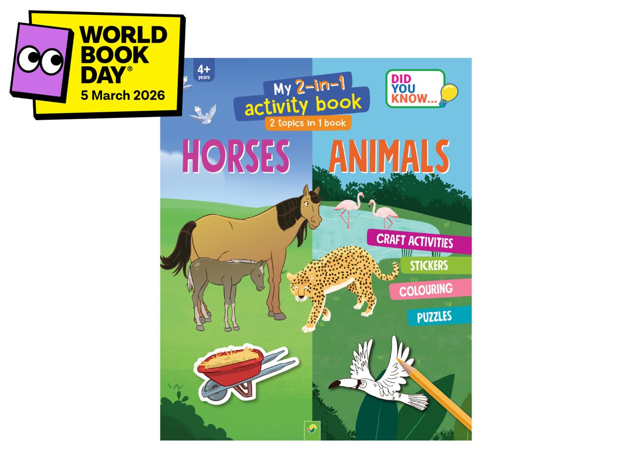 Activity book for 4+ years with horses and animals themes, featuring craft activities, stickers, colouring, and puzzles.
