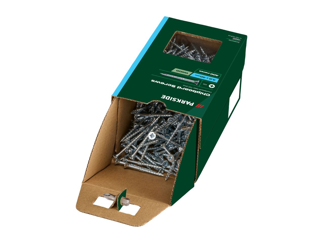 Box of 400 chipboard screws, 4.0 x 40mm, with a PZ2 drive bit.