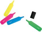 Four bright highlighter pens (pink, yellow, blue, green) and a black marker cap.