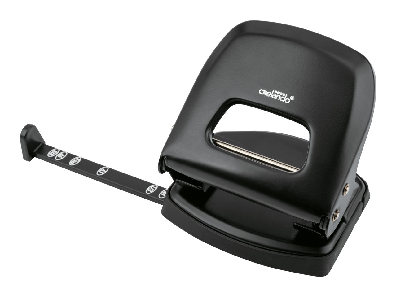 Crelando heavy-duty black hole punch with adjustable paper depth guide.