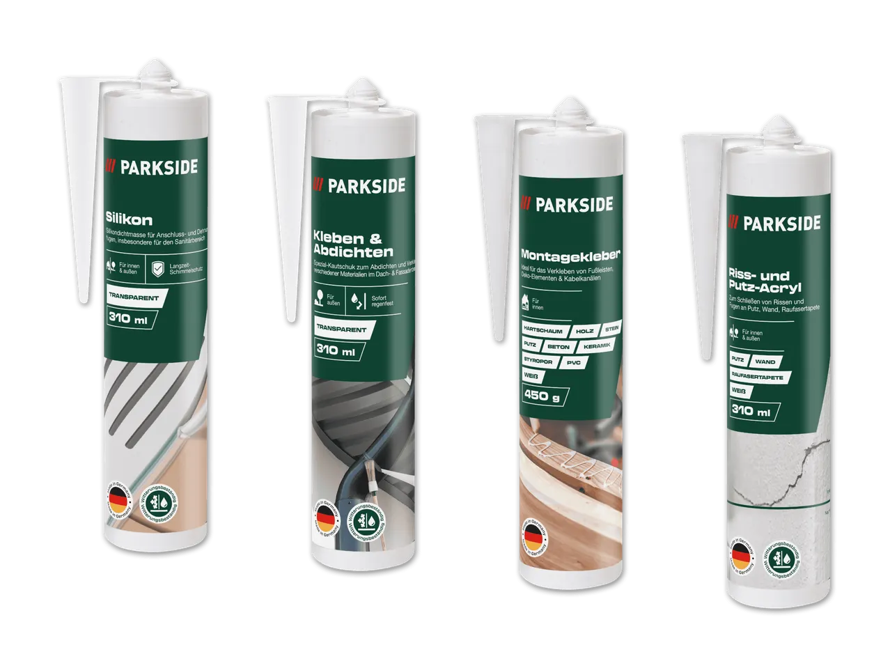 Vier Parkside-Produkte: Silikon, Kleben & Abdichten, Montagekleber und Riss- und Putz-Acryl.