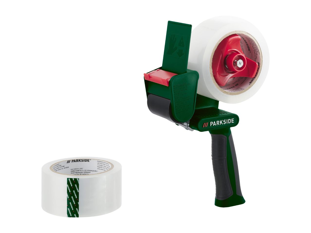 A green and black tape dispenser with a roll of clear packing tape, and an additional roll of tape.