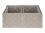 Set of three gray woven storage baskets.
