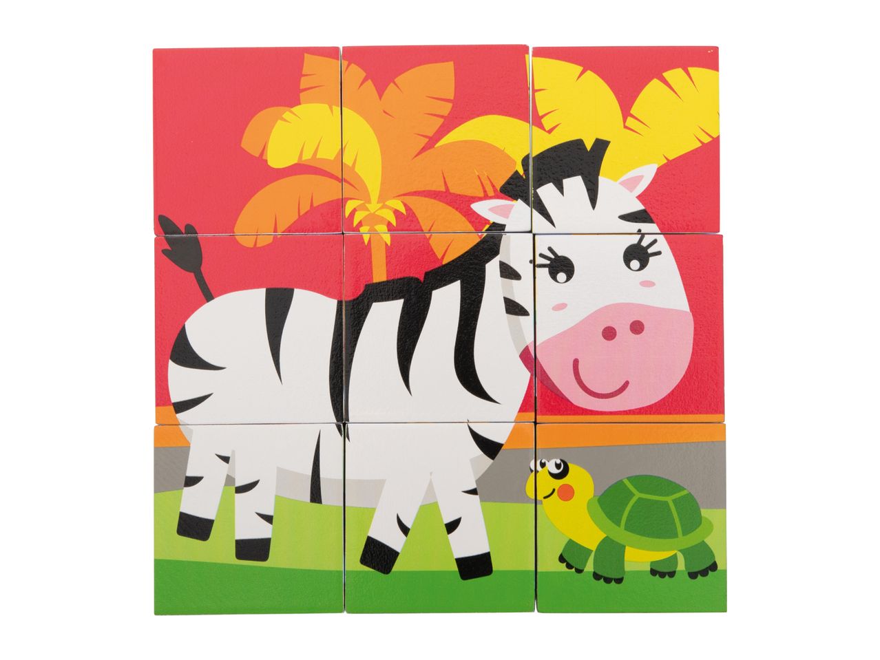 A nine-piece wooden puzzle showing a zebra, palm trees, and a turtle on a red and green background.