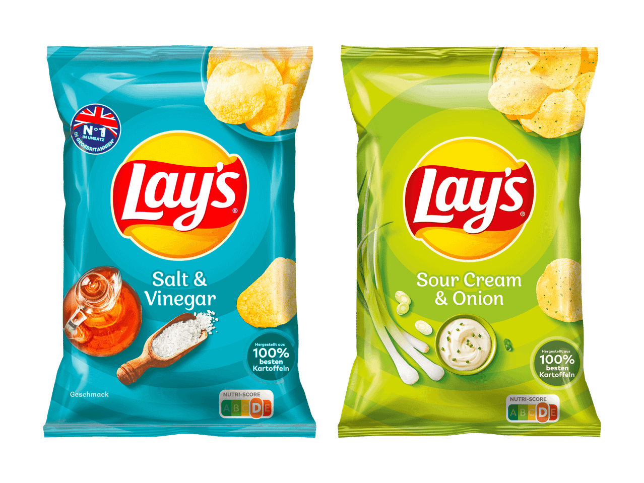 Deux sacs de chips, l'un au sel et vinaigre, l'autre à la crème aigre et oignon.