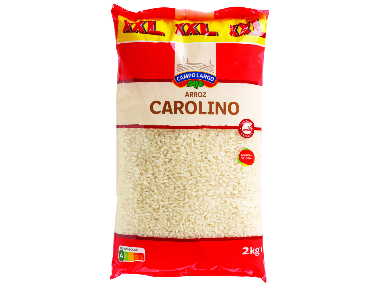 Saco de arroz carolino de 2kg com Nutri-Score A e tempo de cozedura de 16 minutos.