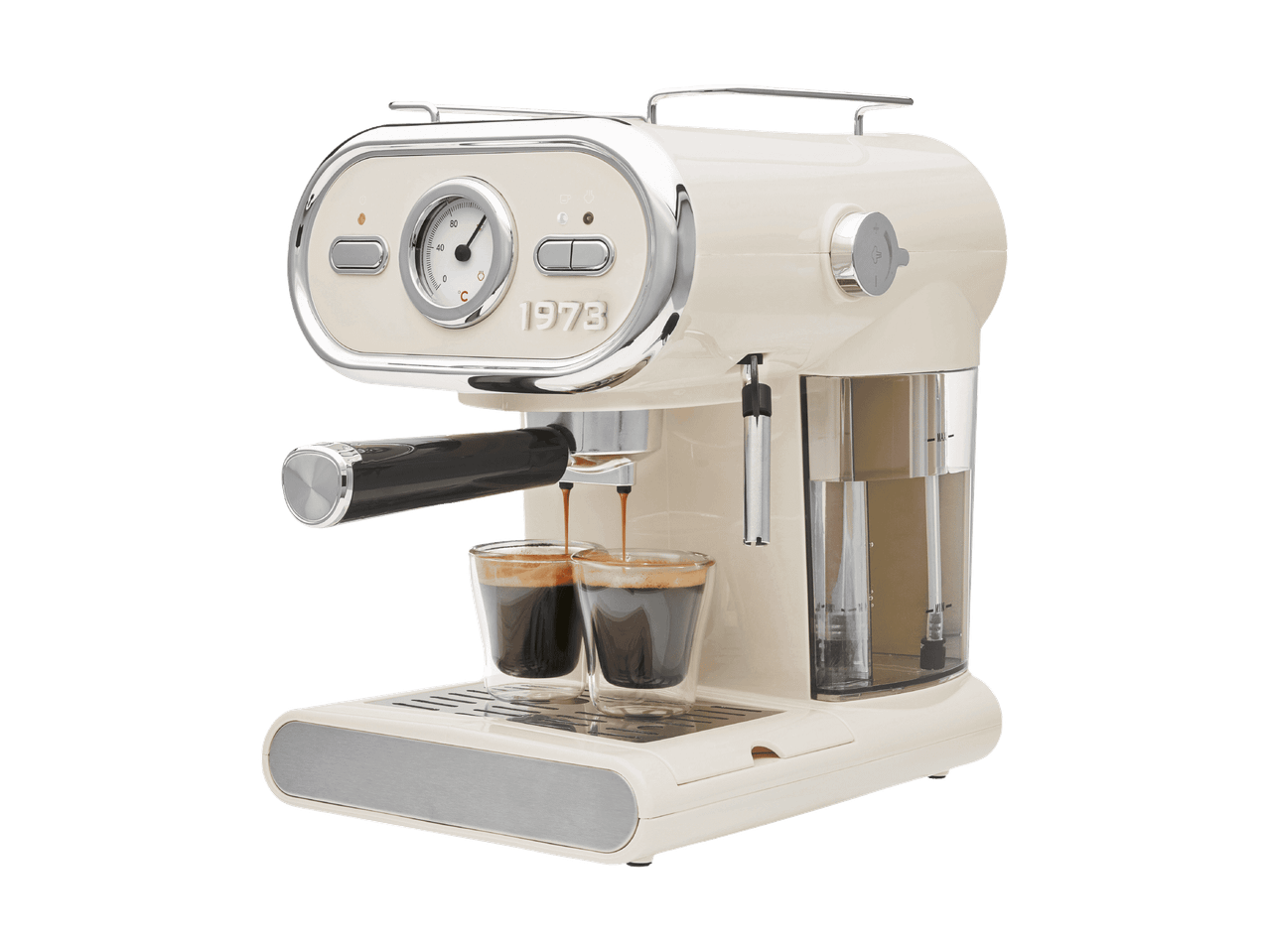 Machine à café expresso crème avec manomètre et deux tasses de café.