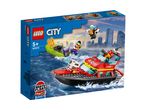 LEGO City Fire Rescue Boat set 60373 with minifigures, a burning boat, and a jetpack.