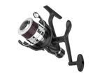 Black fishing reel with brown line, featuring a chrome spool and handle.
