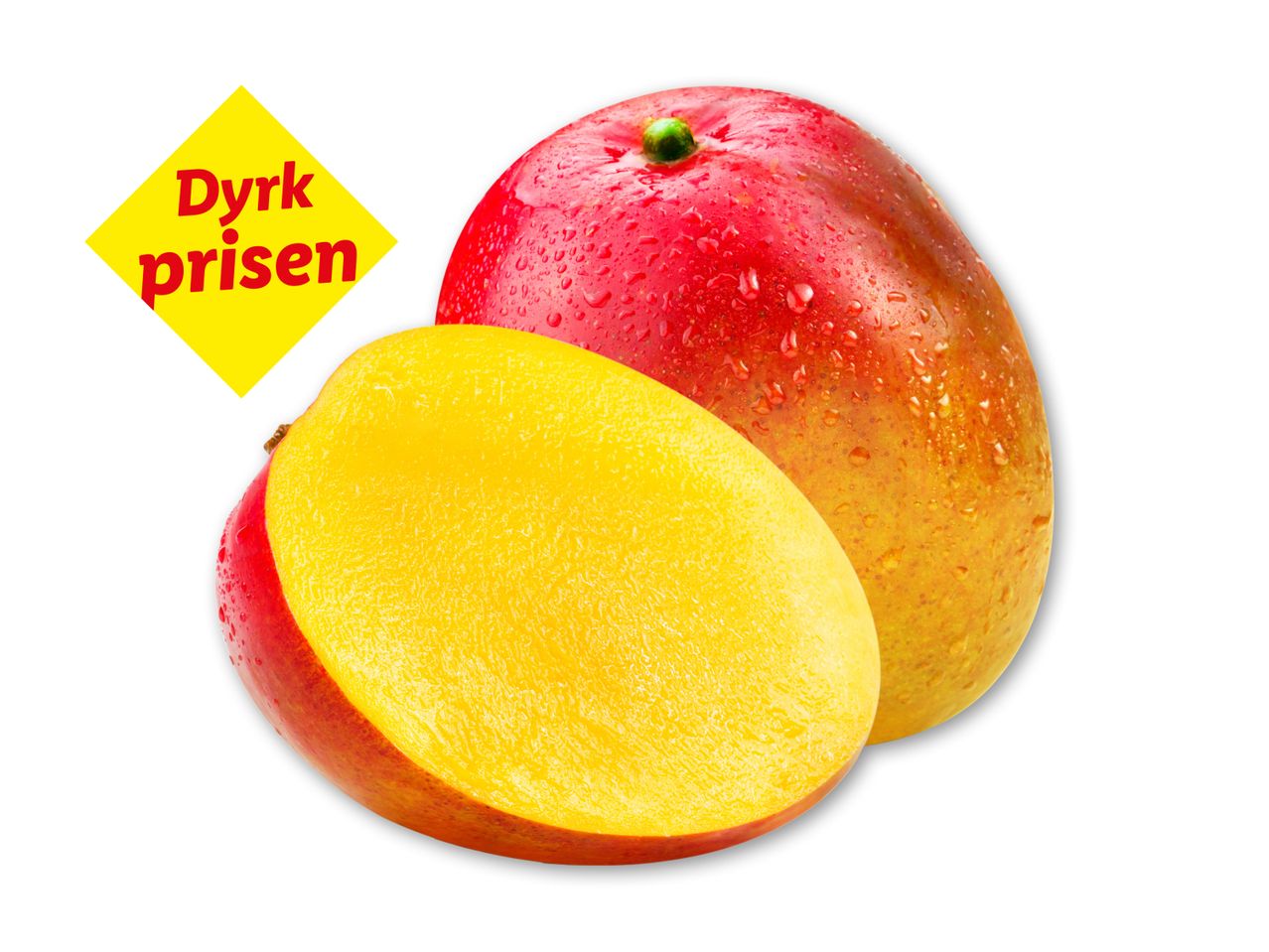 To mangoer, en hel og en halveret, med vanddråber. Gul diamantformet skilt med teksten 'Dyrk prisen'.